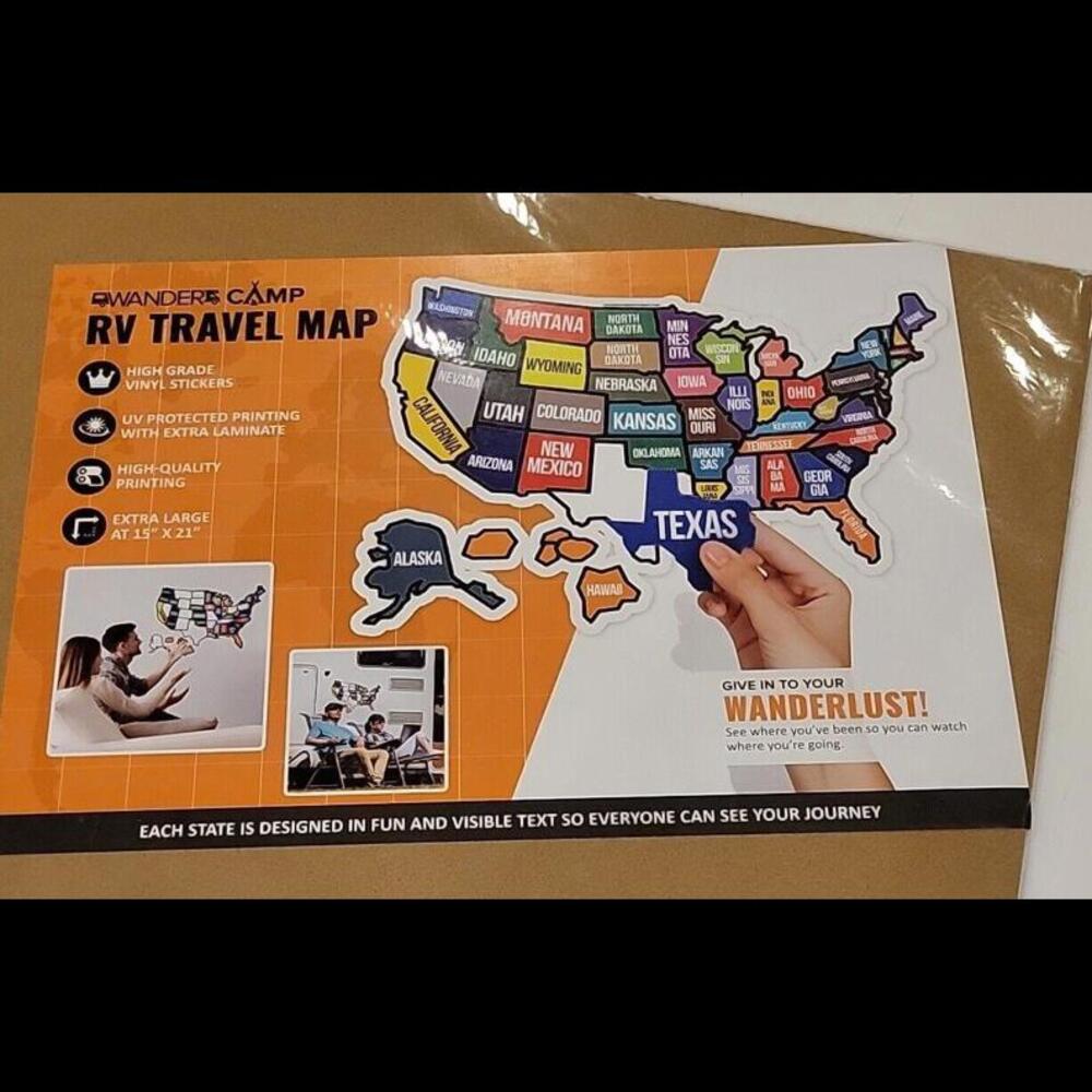 WANDER CAMP State Text -RV State Sticker Travel map 21 x 15 inches for Motorhome